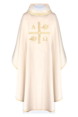 Ecru liturgical chasuble with an embroidered cross, Alpha and Omega motifs, and ears of wheat