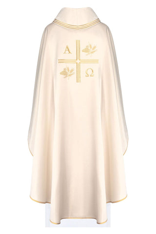 Ecru liturgical chasuble with an embroidered cross, Alpha and Omega motifs, and ears of wheat