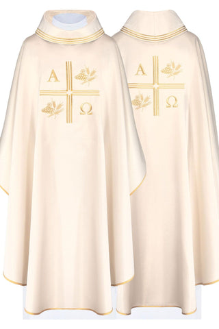 Ecru liturgical chasuble with an embroidered cross, Alpha and Omega motifs, and ears of wheat