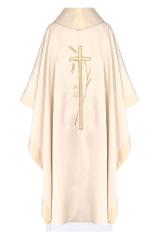 Ecru liturgical chasuble with an embroidered cross, Alpha and Omega motifs, and ears of wheat