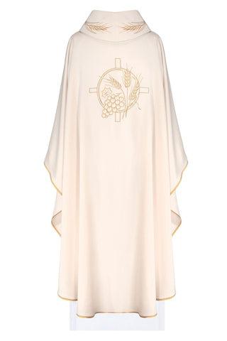 Ecru liturgical chasuble with an embroidered cross and wheat motifs