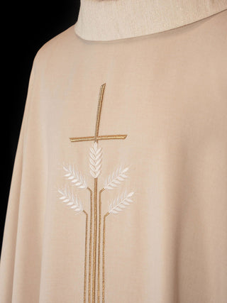 Liturgical chasuble with embroidery of a cross, ears of wheat, and fish in ecru color