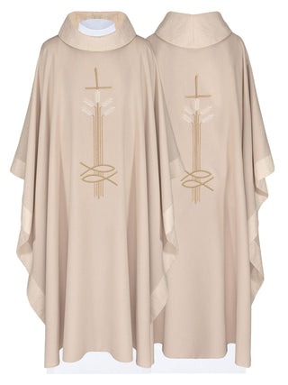 Liturgical chasuble with embroidery of a cross, ears of wheat, and fish in ecru color