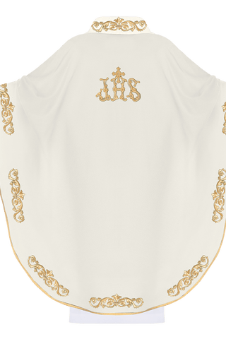 Liturgical chasuble with IHS embroidery and gold-satin finish