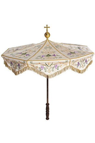 Processional umbrella with a wooden frame and gold-blue embroidery