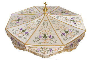 Processional umbrella with a wooden frame and gold-blue embroidery