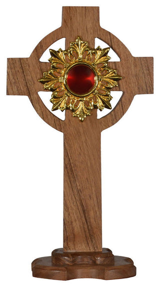 Elegant Wooden Reliquary in the Shape of a Cross with Golden Brass