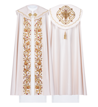 Ecru satin liturgical cope with IHS embroidery and flowers