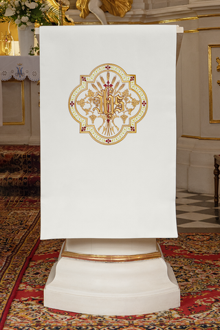 Lectern cloth with gold IHS embroidery, 55x250 cm, 100% polyester, made in Poland