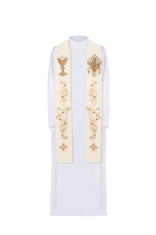 Ecru liturgical stole with IHS embroidery and chalice