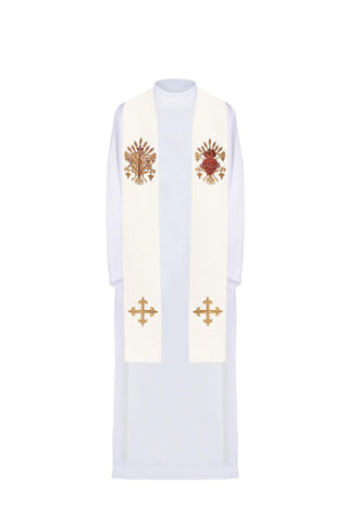 Priestly Stole Embroidered with Symbols of the Cross, IHS, and the Sacred Heart of Jesus Christ in Ecru