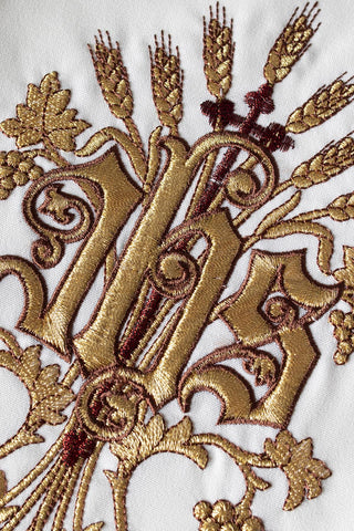 Priestly Stole Embroidered with Symbols of the Cross, IHS, and the Sacred Heart of Jesus Christ in Ecru