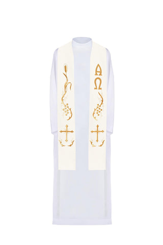 Ecru liturgical stole with embroidery of the Cross, grapes, Alpha and Omega