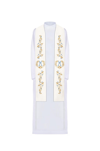 Marian embroidered stole in ecru with blue and gold embroidery