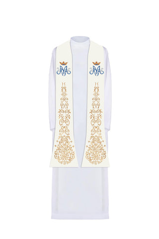 Embroidered stole with Marian motif and ecru crown