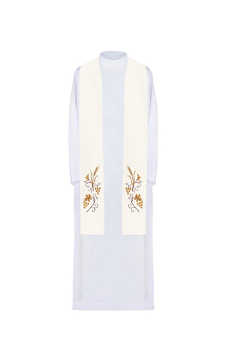 Ecru liturgical stole with embroidery of grapes and wheat ears