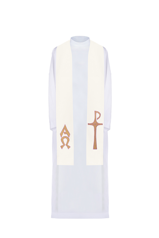 Ecru priest stole with Alpha and Omega embroidery