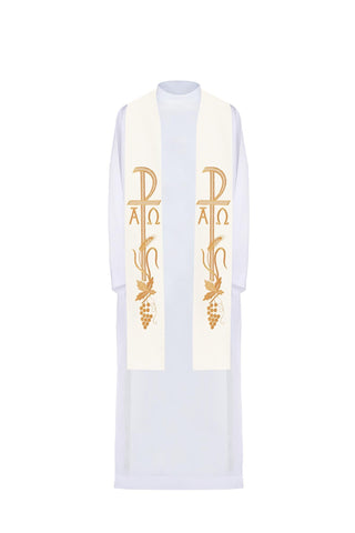 Ecru priest stole with Alpha and Omega embroidery