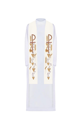 Ecru priest stole with cross and grapevine embroidery