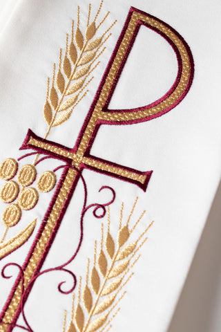 Ecru priest stole with cross and grapevine embroidery