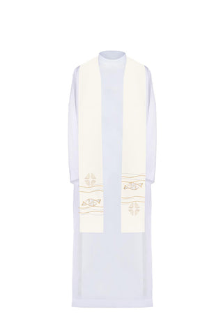 Ecru priest stole with Alpha and Omega embroidery and Fish pattern