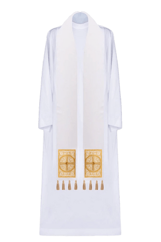 Gold embroidered priestly stole with tassels and faceted stones