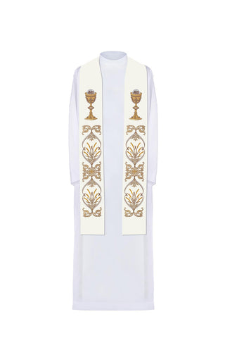 Ecru priest stole with IHS embroidery and chalice