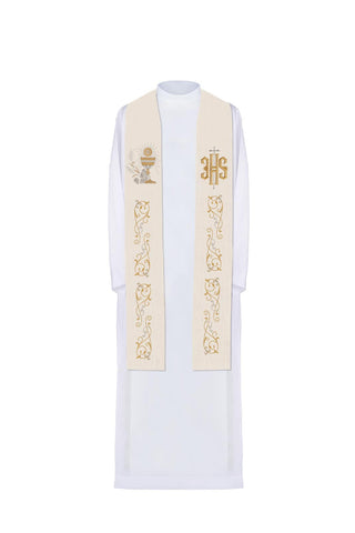 Ecru priest stole with IHS embroidery and eucharistic chalice