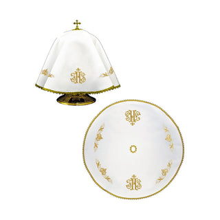 A veil for the ciborium with IHS embroidery and gold lace, diameter 53 cm, made in Poland