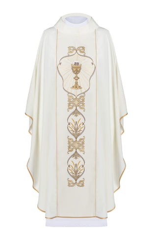 Ecru liturgical chasuble with IHS embroidery and Chalice symbol