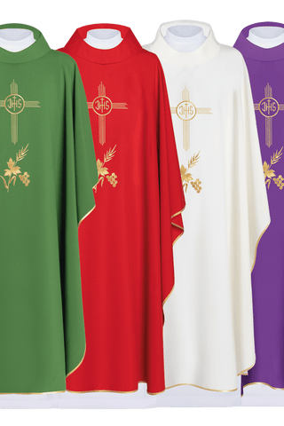 A set of liturgical vestments in four colors with IHS embroidery