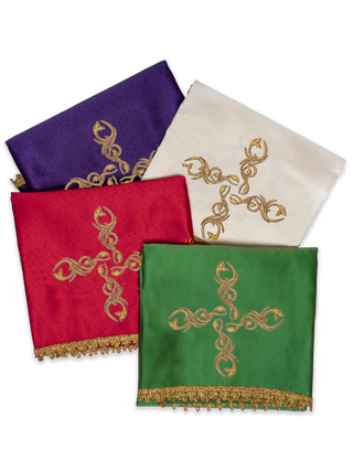 A set of liturgical chalice veils in four colors