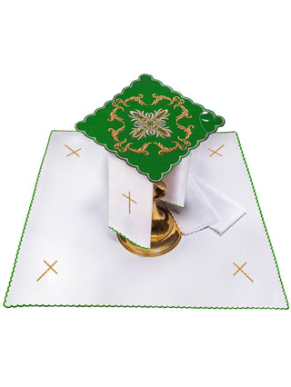 A complete set of green chalice linens with an embroidered cross