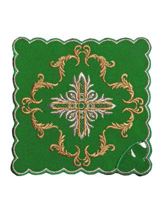 A complete set of green chalice linens with an embroidered cross